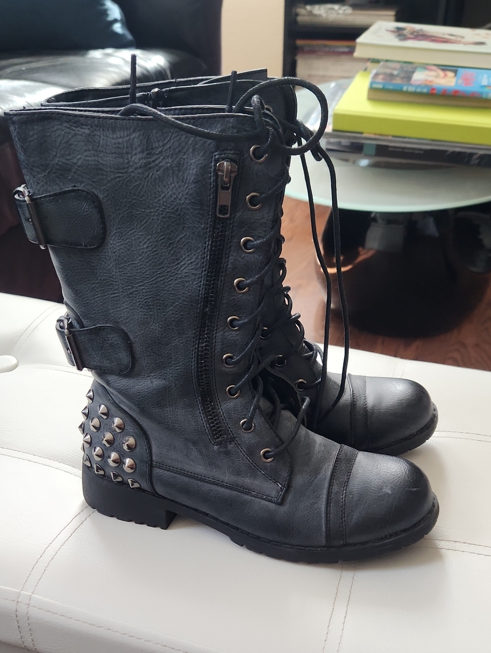 Nature Breeze Black Lace-Up Studded Combat Boots